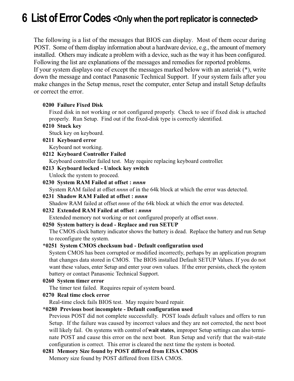 6 list of error codes, Only when the port replicator is connected | Matsushita CF-74ECBAXBM User Manual | Page 15 / 50