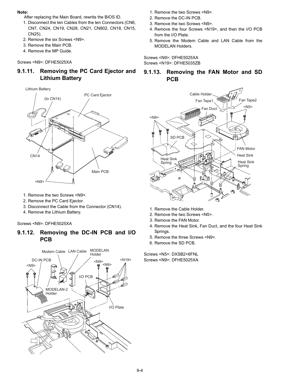Removing the pc card ejector and lithium battery, Removing the dc-in pcb and i/o pcb, Removing the fan motor and sd pcb | Matsushita CF-74ECBAXBM User Manual | Page 26 / 50