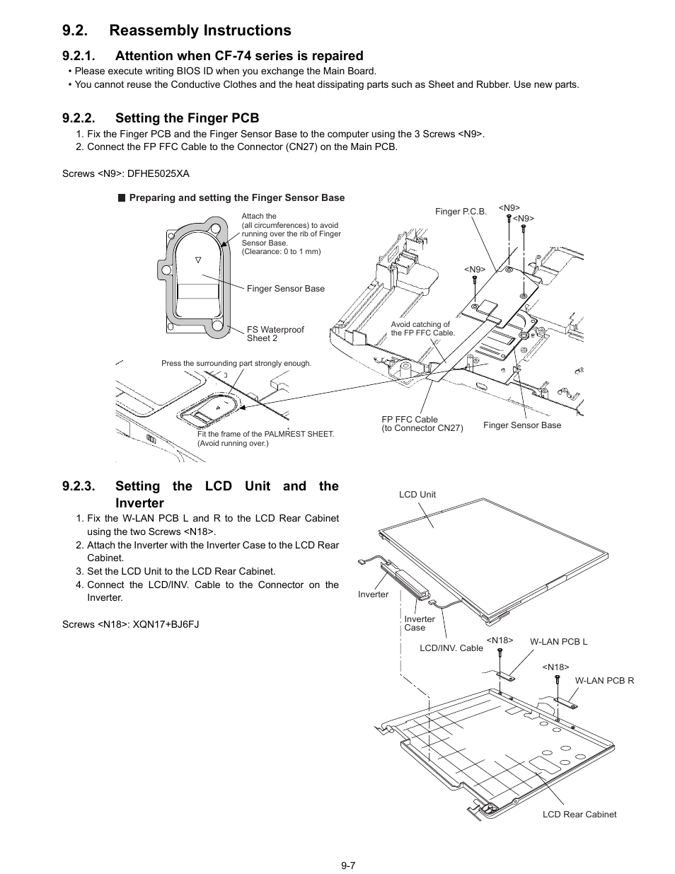 Reassembly instructions, Attention when cf-74 series is repaired, Setting the finger pcb | Setting the lcd unit and the inverter | Matsushita CF-74ECBAXBM User Manual | Page 29 / 50