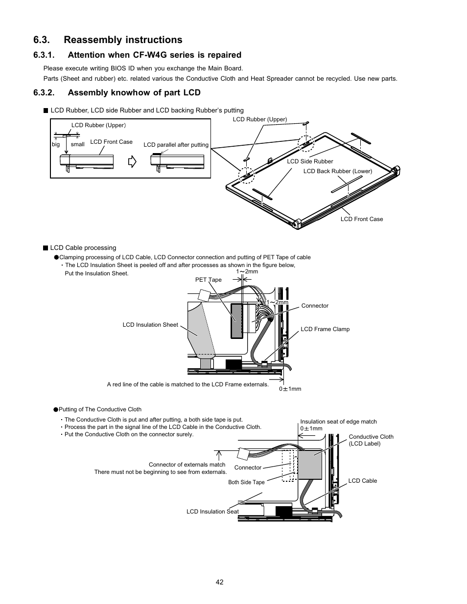 Reassembly instructions, Attention when cf-w4g series is repaired, Assembly knowhow of part lcd | Matsushita CF-W4HWEZZBM User Manual | Page 42 / 64