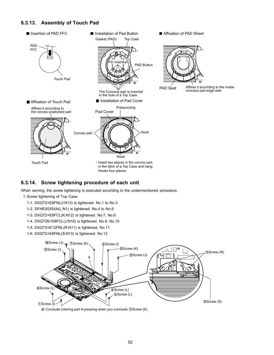 Assembly of touch pad, Screw tightening procedure of each unit | Matsushita CF-W4HWEZZBM User Manual | Page 52 / 64