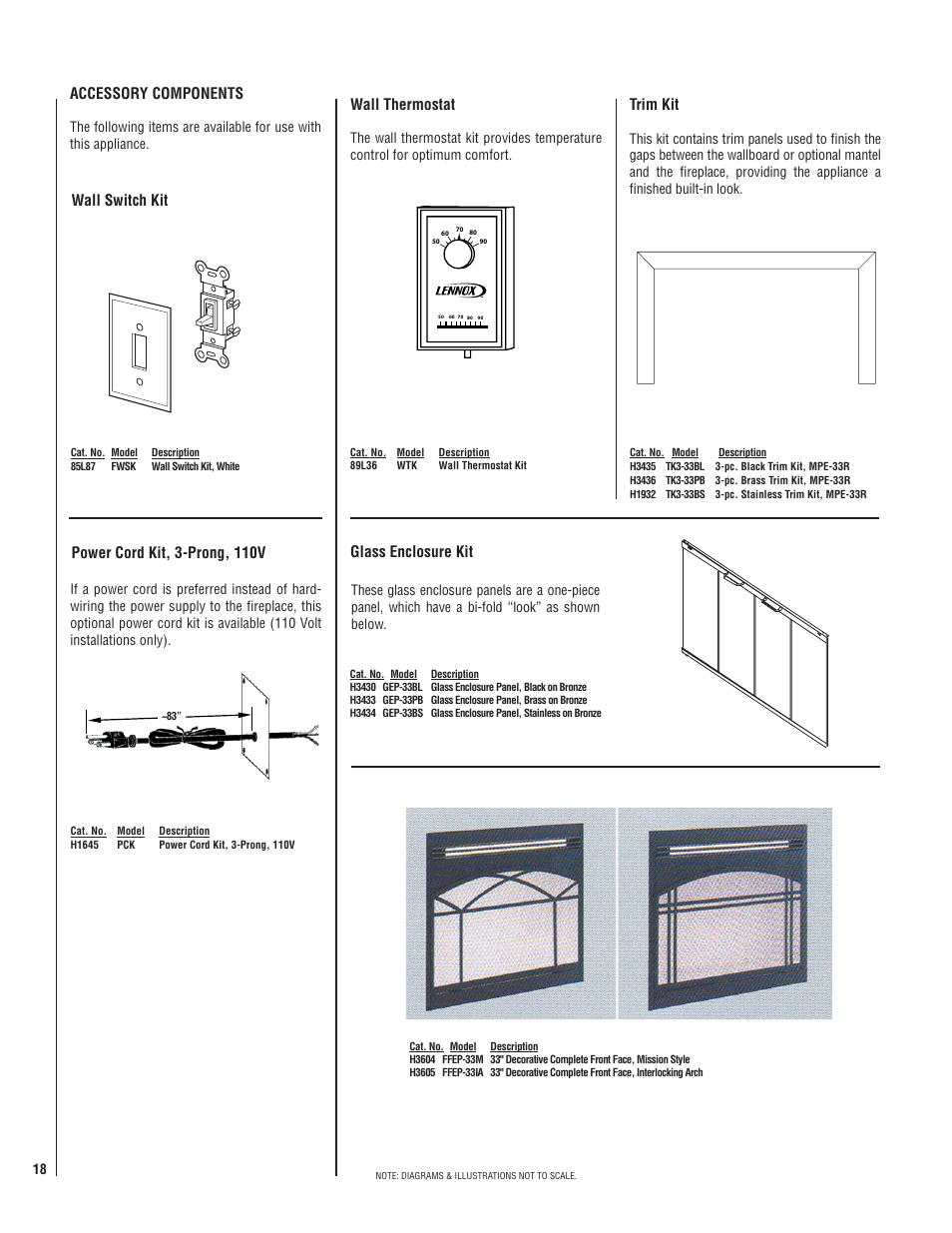 Accessory components, Wall thermostat, Wall switch kit trim kit glass enclosure kit | Power cord kit, 3-prong, 110v | Matsushita MPE-33R User Manual | Page 18 / 20