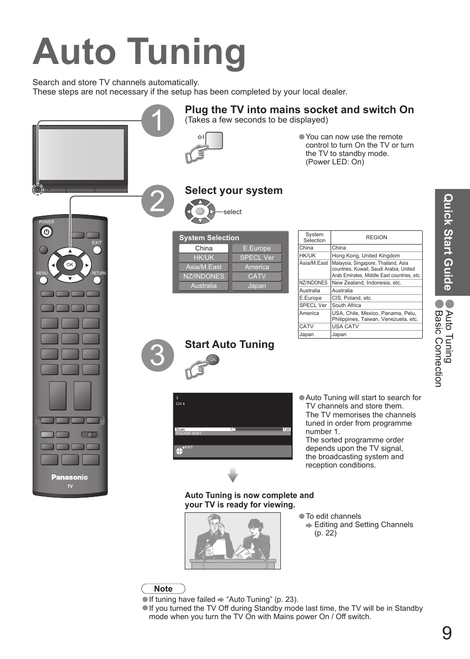 Auto tuning, Quick start guide, Plug the tv into mains socket and switch on | Select your system, Start auto tuning | Matsushita MBS0407S0 User Manual | Page 10 / 40
