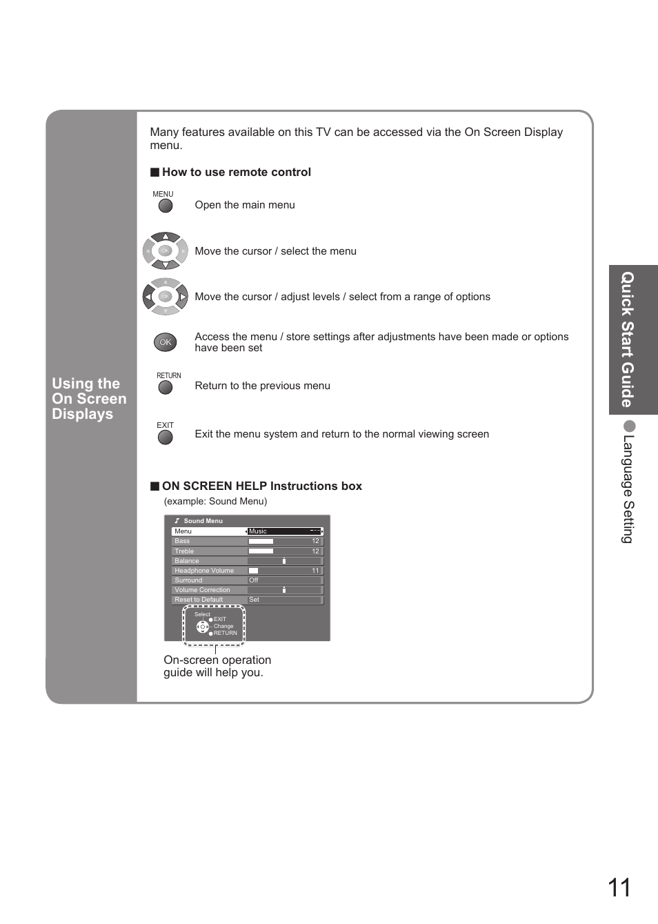 Quick start guide, Using the on screen displays, Language setting | Matsushita MBS0407S0 User Manual | Page 12 / 40