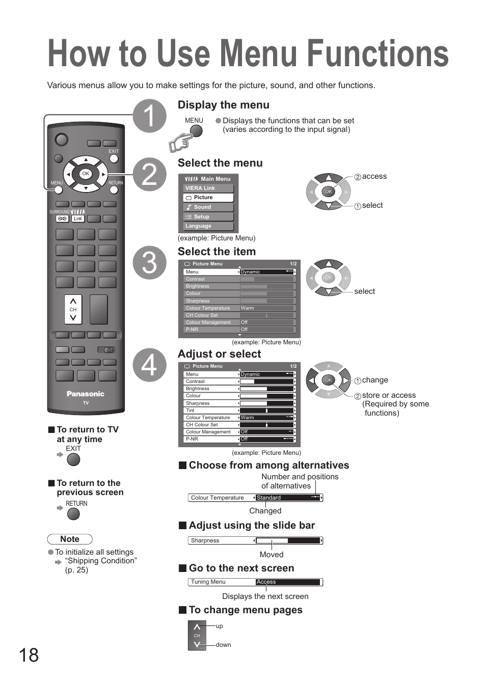 How to use menu functions, Display the menu, Select the menu select the item | Adjust or select, Choose from among alternatives, Adjust using the slide bar, Go to the next screen | Matsushita MBS0407S0 User Manual | Page 19 / 40