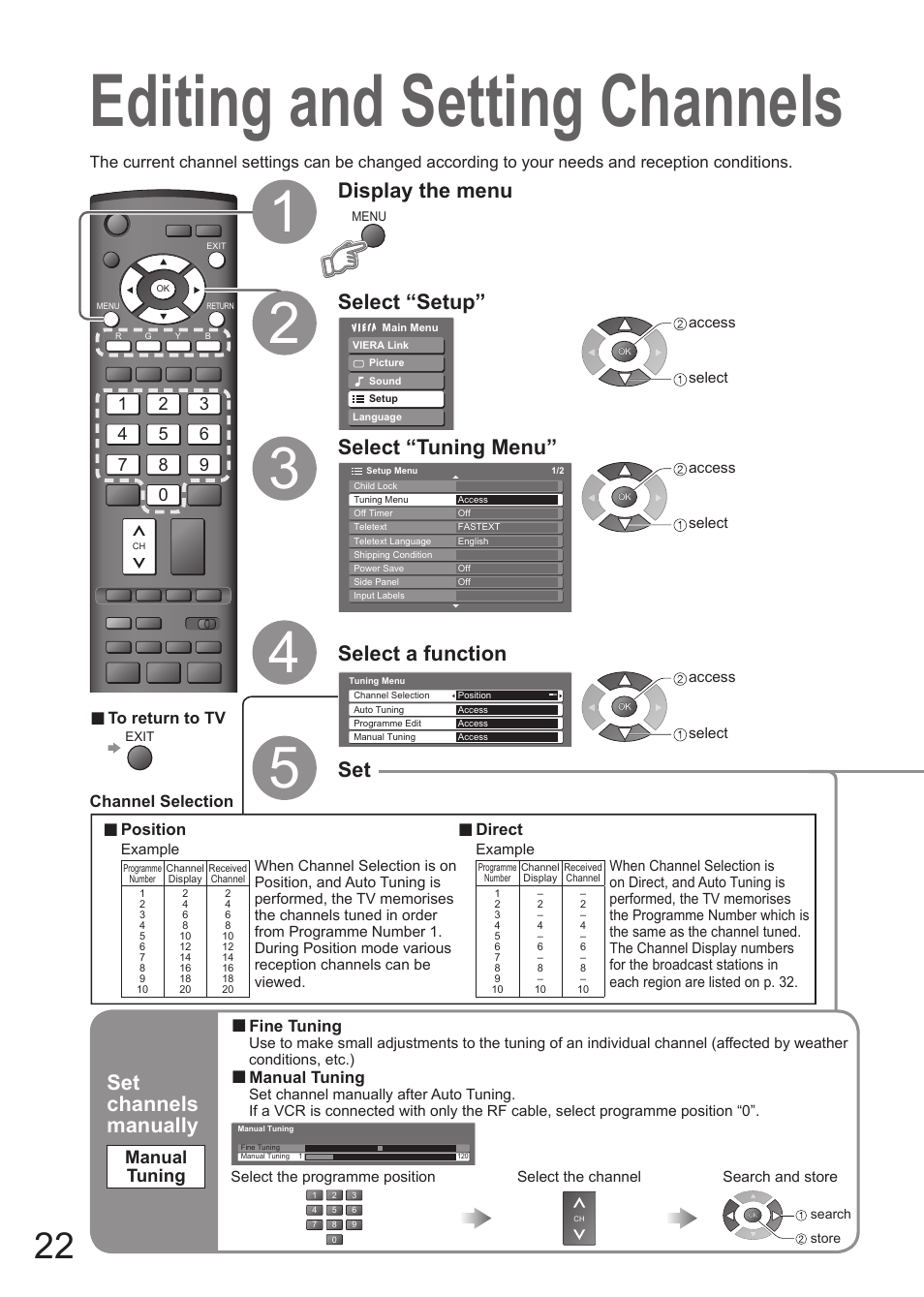 Editing and setting channels, Select “setup, Select “tuning menu | Display the menu select a function, Set channels manually, Manual tuning, Fine tuning, Position, Direct, Channel selection | Matsushita MBS0407S0 User Manual | Page 23 / 40