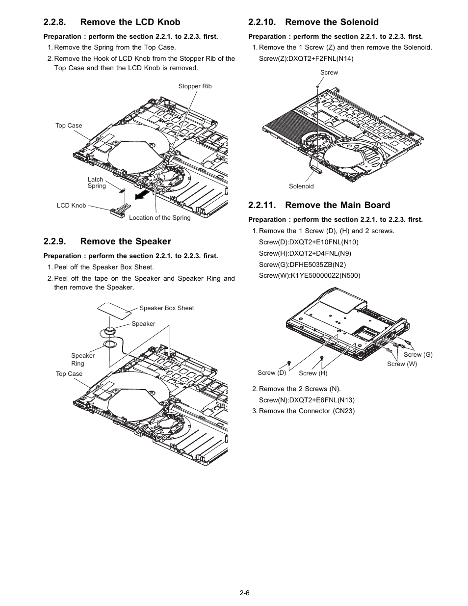 Remove the lcd knob, Remove the speaker, Remove the solenoid | Remove the main board | Matsushita CF-W4GWCZZ User Manual | Page 15 / 68