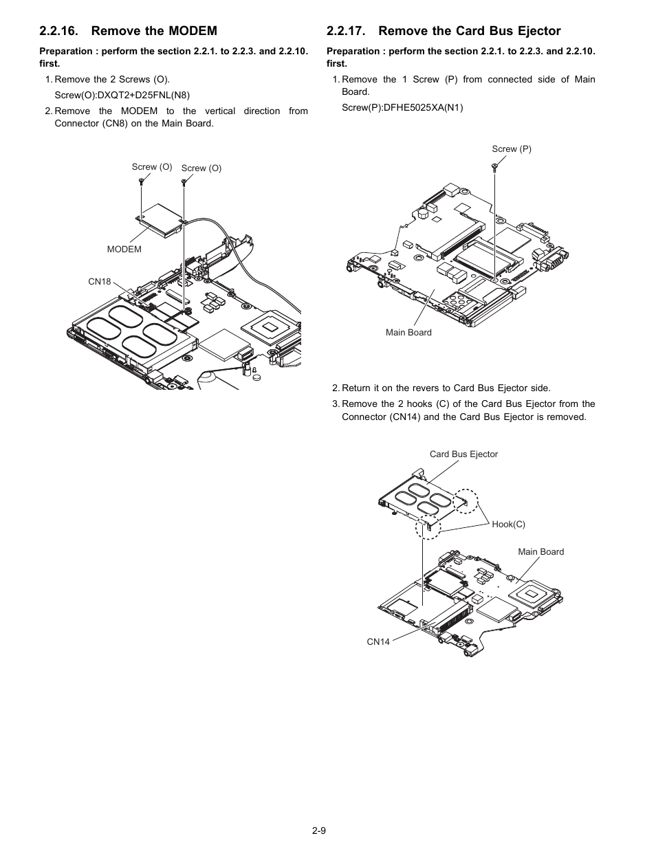 Remove the modem, Remove the card bus ejector | Matsushita CF-W4GWCZZ User Manual | Page 18 / 68