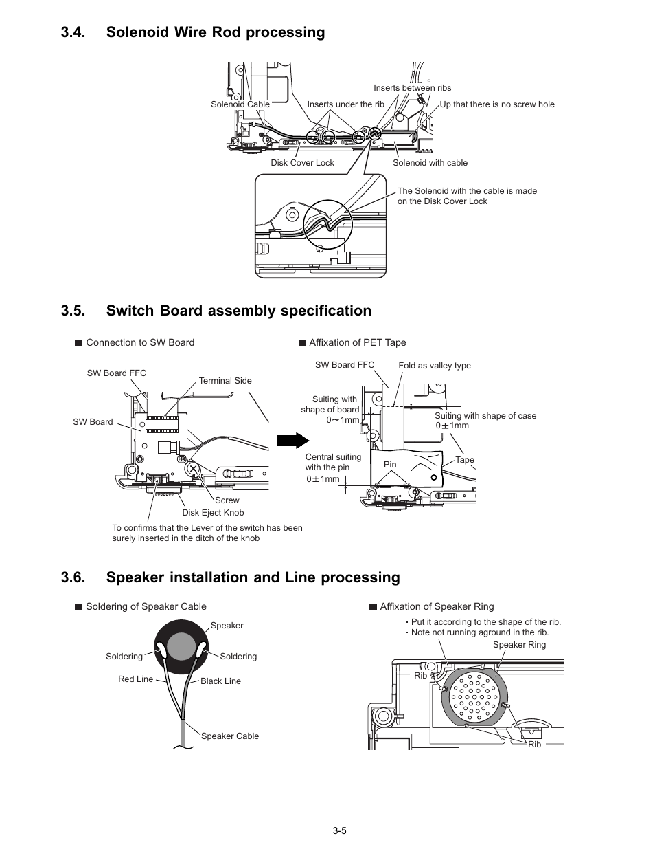Solenoid wire rod processing, Switch board assembly specification, Speaker installation and line processing | Matsushita CF-W4GWCZZ User Manual | Page 25 / 68