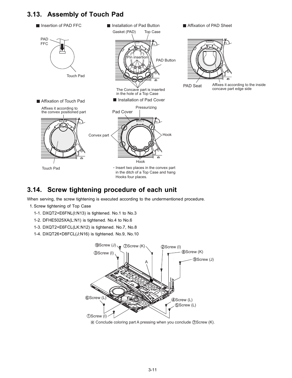 Assembly of touch pad, Screw tightening procedure of each unit | Matsushita CF-W4GWCZZ User Manual | Page 31 / 68