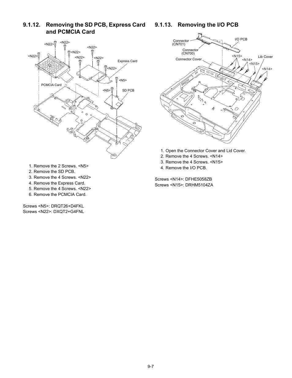 Removing the sd pcb, express card and pcmcia card, Removing the i/o pcb | Matsushita CF-30CTQAZBM User Manual | Page 29 / 66