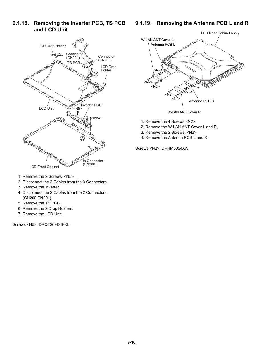 Removing the inverter pcb, ts pcb and lcd unit, Removing the antenna pcb l and r | Matsushita CF-30CTQAZBM User Manual | Page 32 / 66