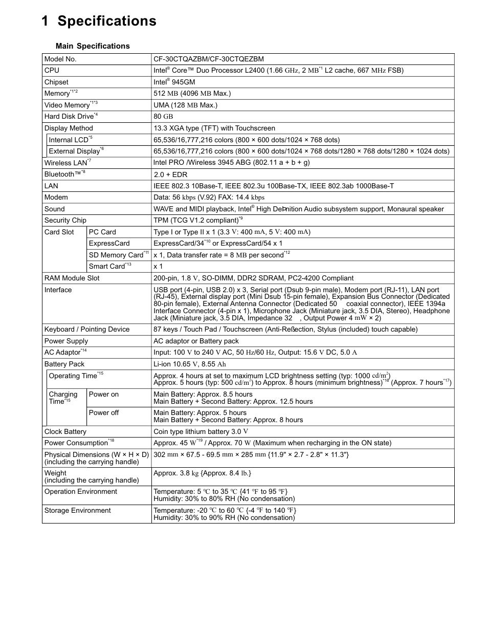 1 specifications | Matsushita CF-30CTQAZBM User Manual | Page 7 / 66