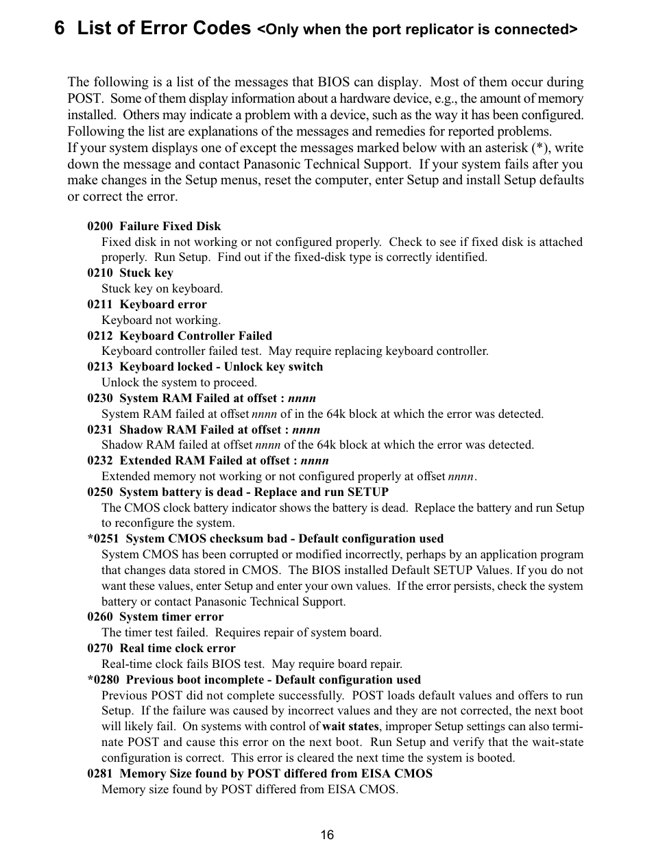 6 list of error codes | Matsushita CF-Y5LWVYZ 1 2 User Manual | Page 16 / 96