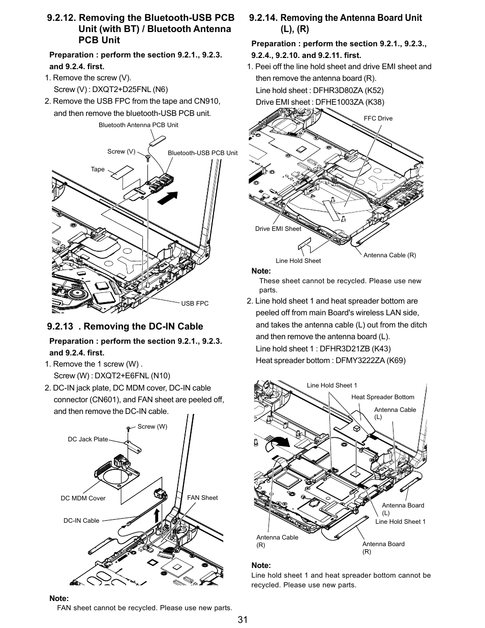 Removing the antenna board unit (l), (r), 13 . removing the dc-in cable | Matsushita CF-Y5LWVYZ 1 2 User Manual | Page 31 / 96