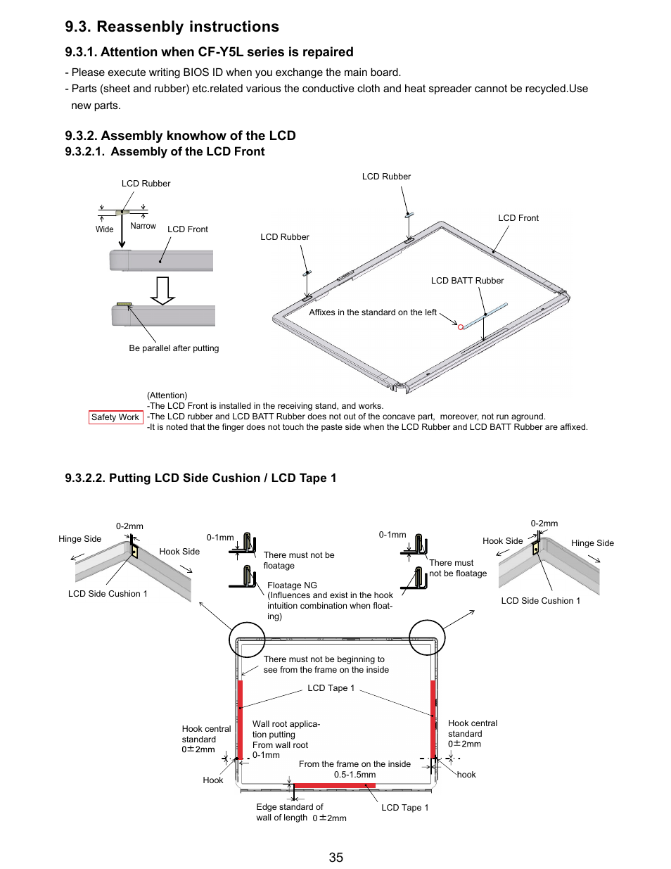 Reassenbly instructions, Attention when cf-y5l series is repaired, Assembly knowhow of the lcd | Putting lcd side cushion / lcd tape 1, Assembly of the lcd front | Matsushita CF-Y5LWVYZ 1 2 User Manual | Page 35 / 96