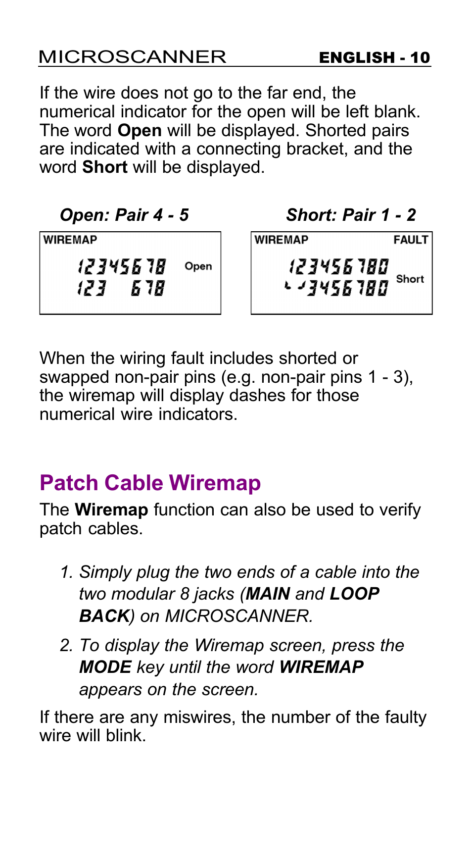 Patch cable wiremap, Length | Microtest MICROSCANNER User Manual | Page 10 / 20