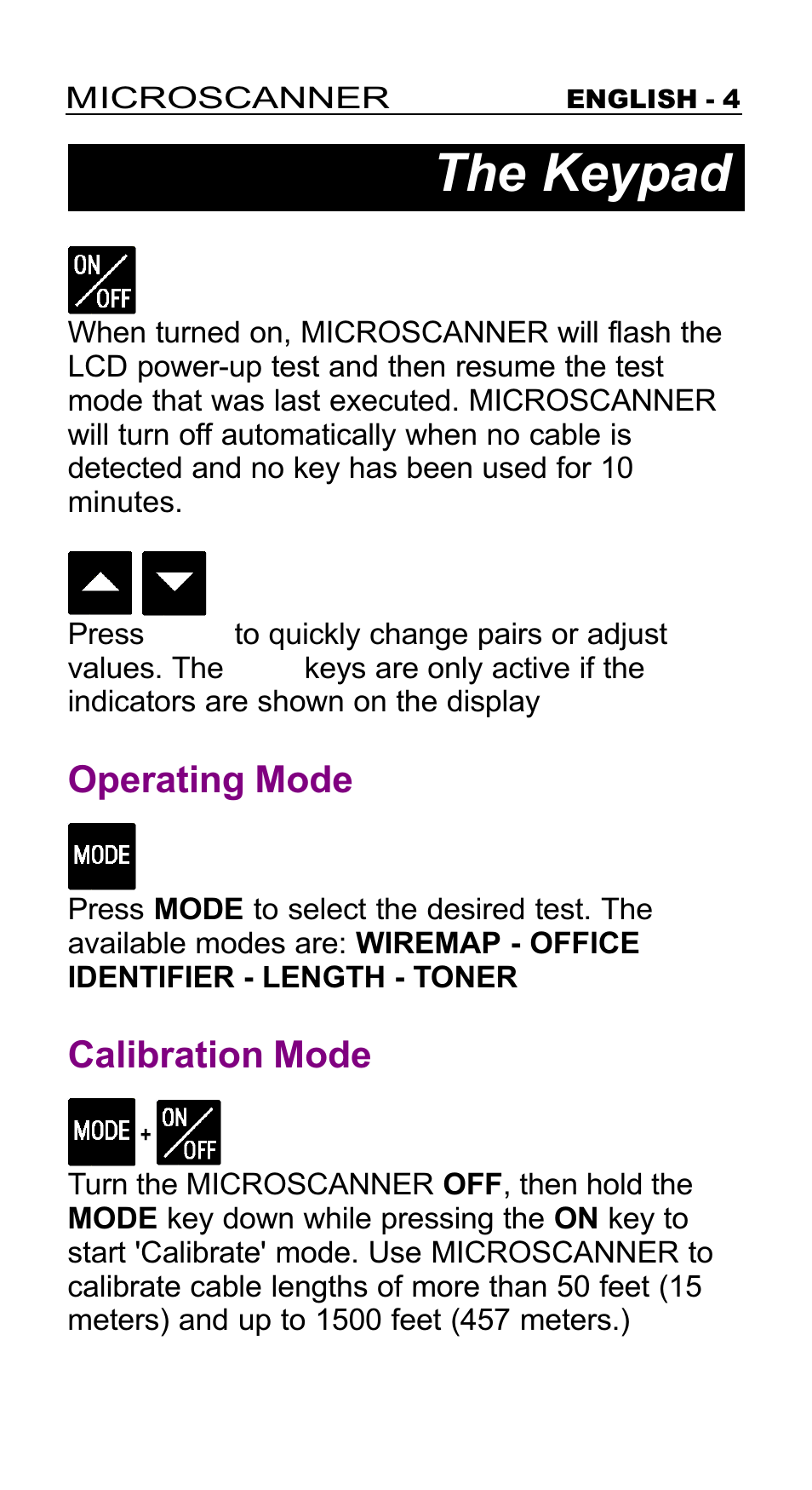 The keypad, Operating mode, Calibration mode | Microtest MICROSCANNER User Manual | Page 4 / 20