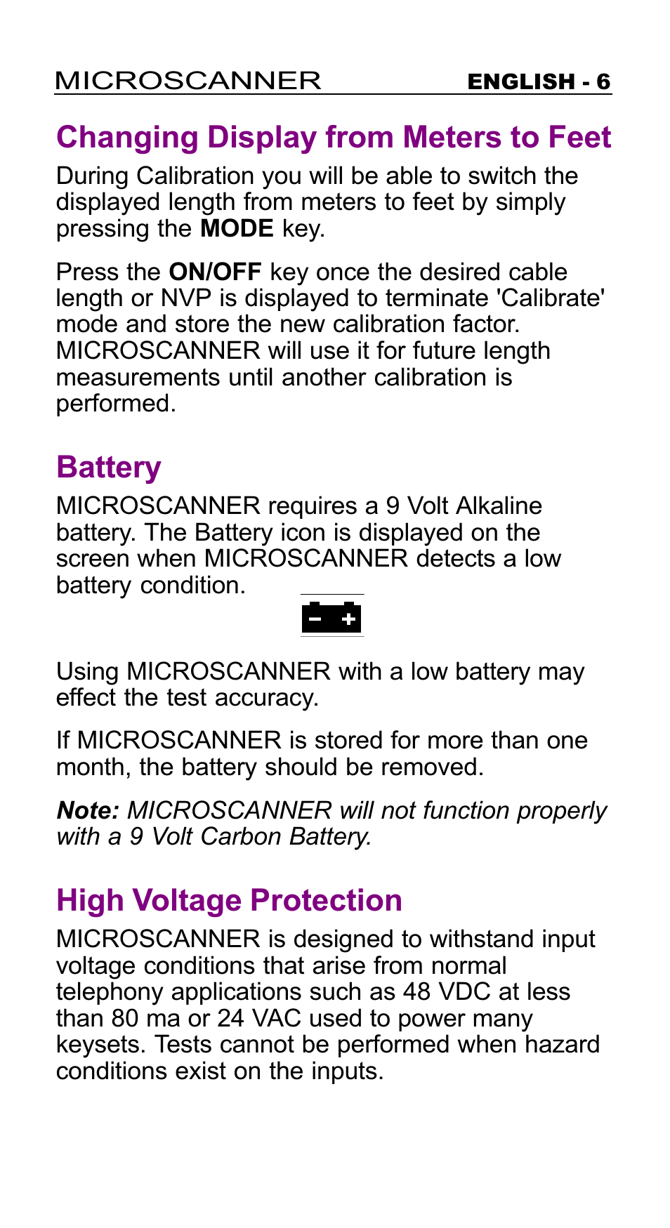 Changing display from meters to feet, Battery, High voltage protection | Microtest MICROSCANNER User Manual | Page 6 / 20