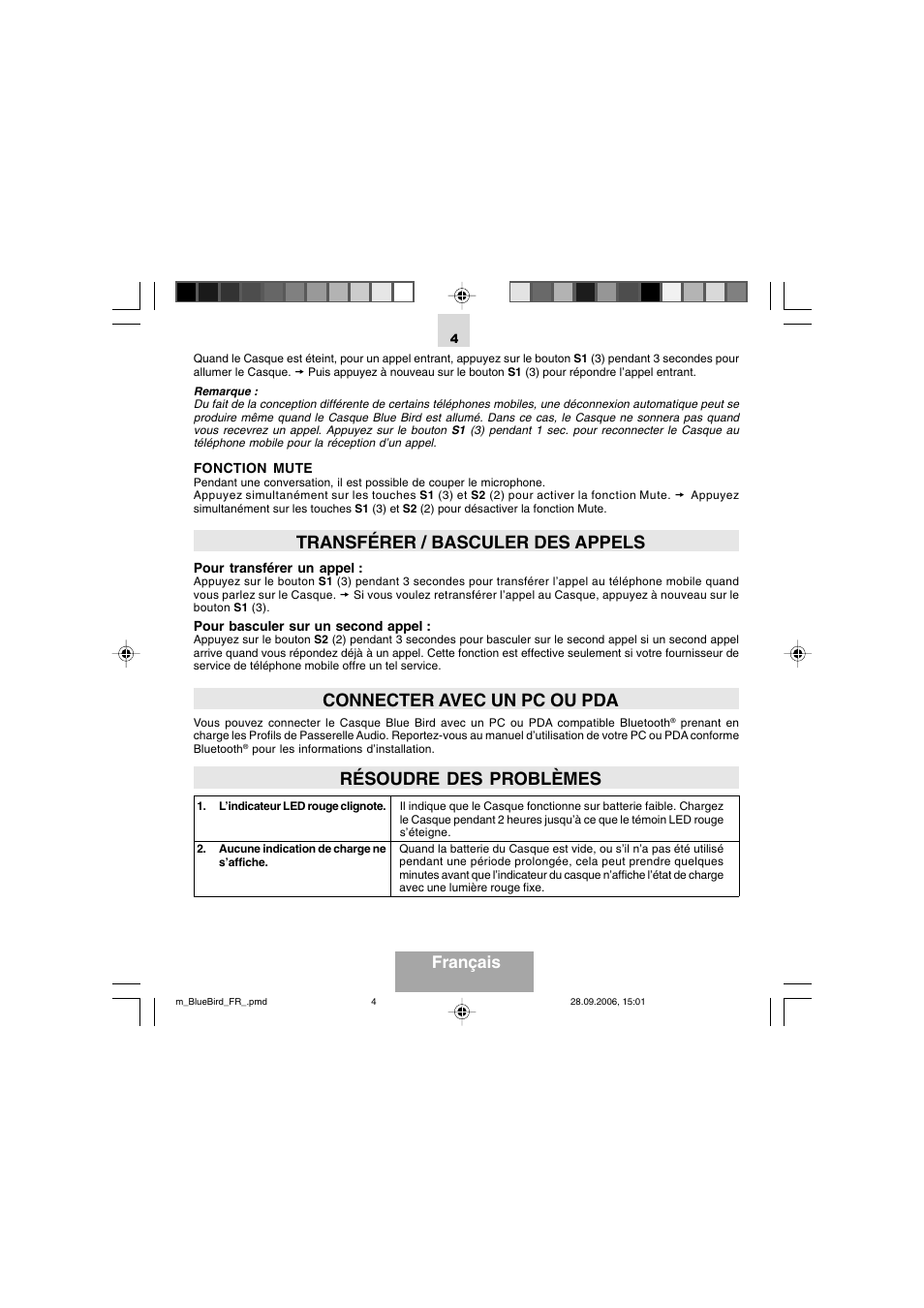 Transférer / basculer des appels, Connecter avec un pc ou pda, Résoudre des problèmes | Français | Mr Handsfree Bluetooth Wireless Headset User Manual | Page 16 / 92