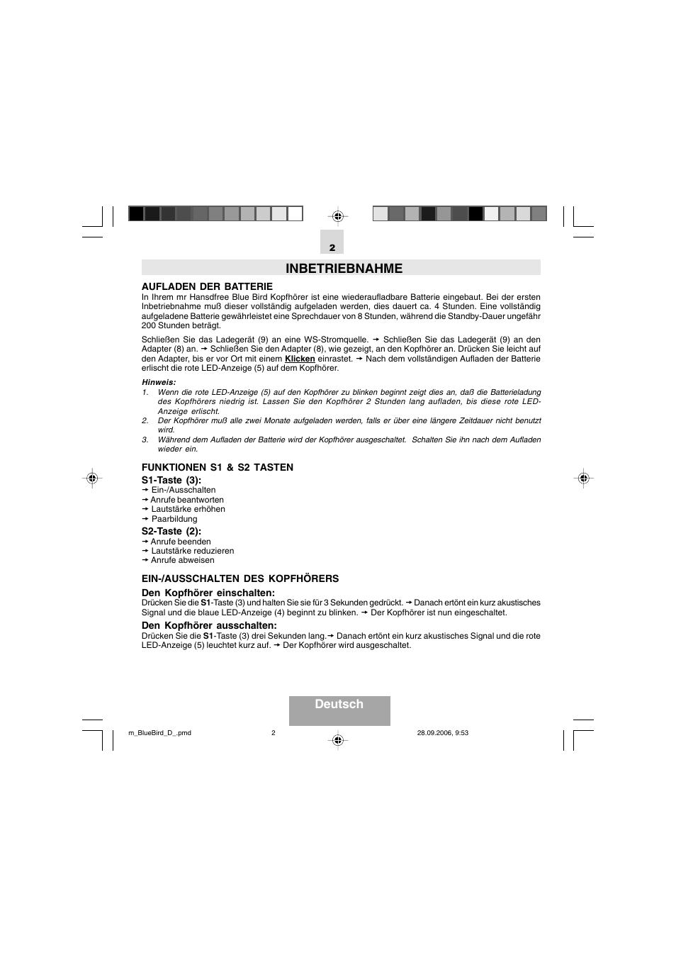 Inbetriebnahme, Deutsch | Mr Handsfree Bluetooth Wireless Headset User Manual | Page 19 / 92