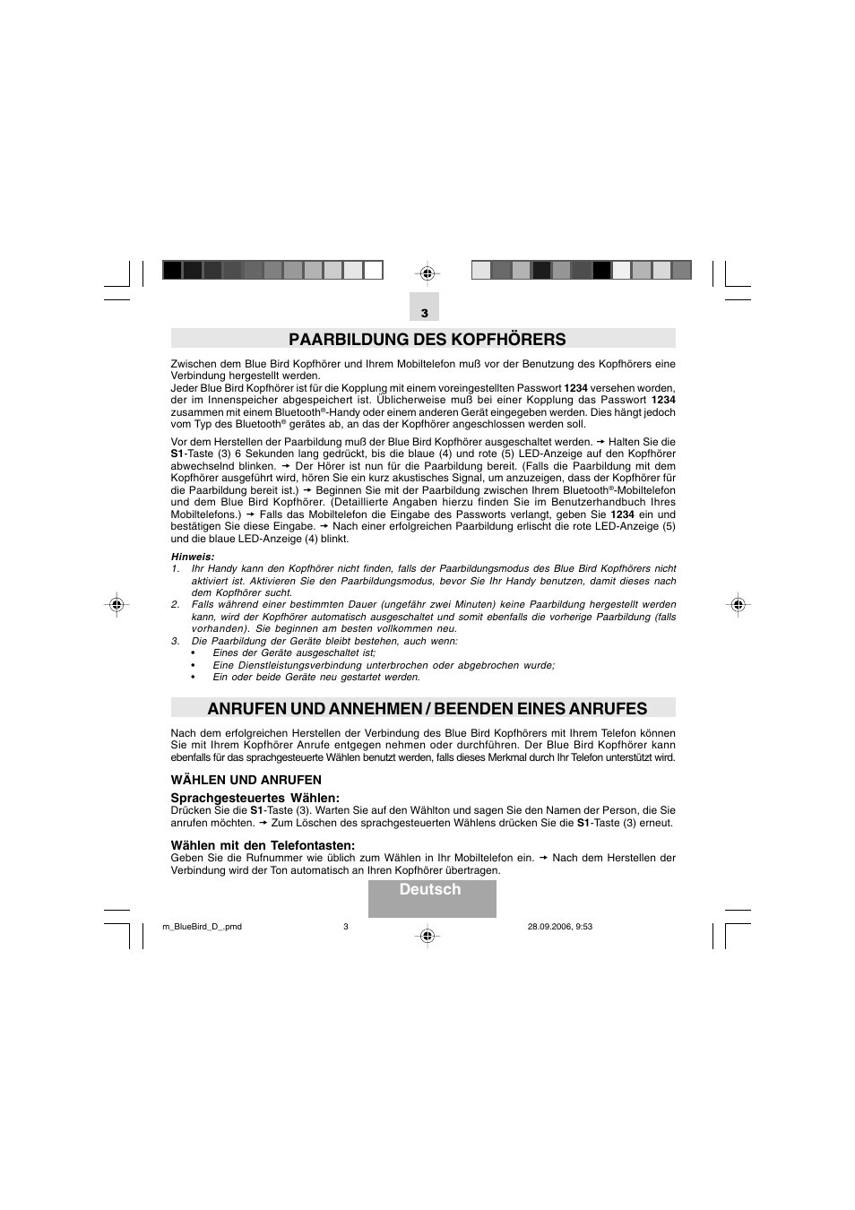 Paarbildung des kopfhörers, Anrufen und annehmen / beenden eines anrufes, Deutsch | Mr Handsfree Bluetooth Wireless Headset User Manual | Page 20 / 92