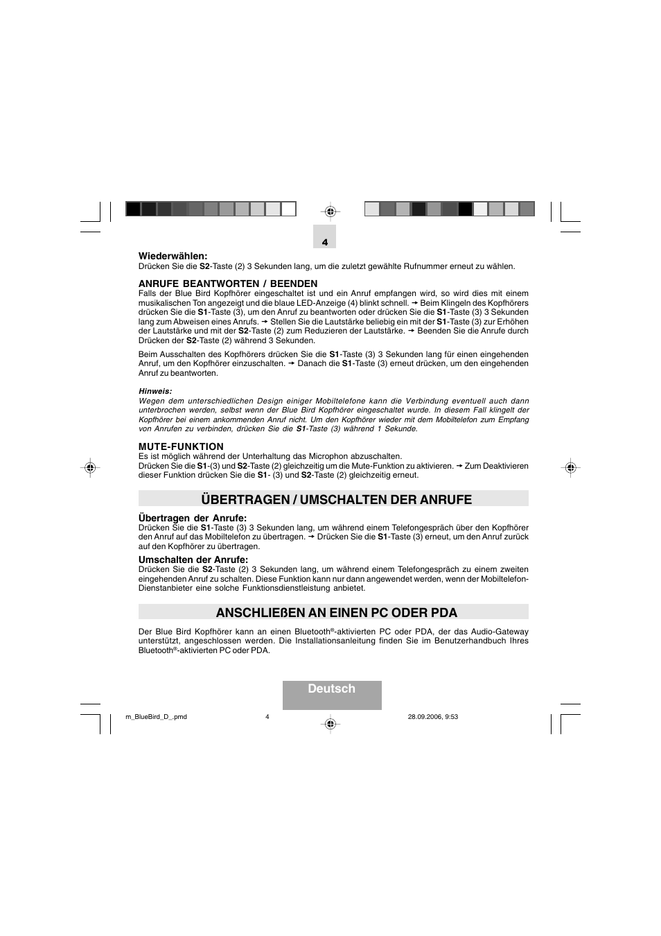 Übertragen / umschalten der anrufe, Anschließen an einen pc oder pda, Deutsch | Mr Handsfree Bluetooth Wireless Headset User Manual | Page 21 / 92