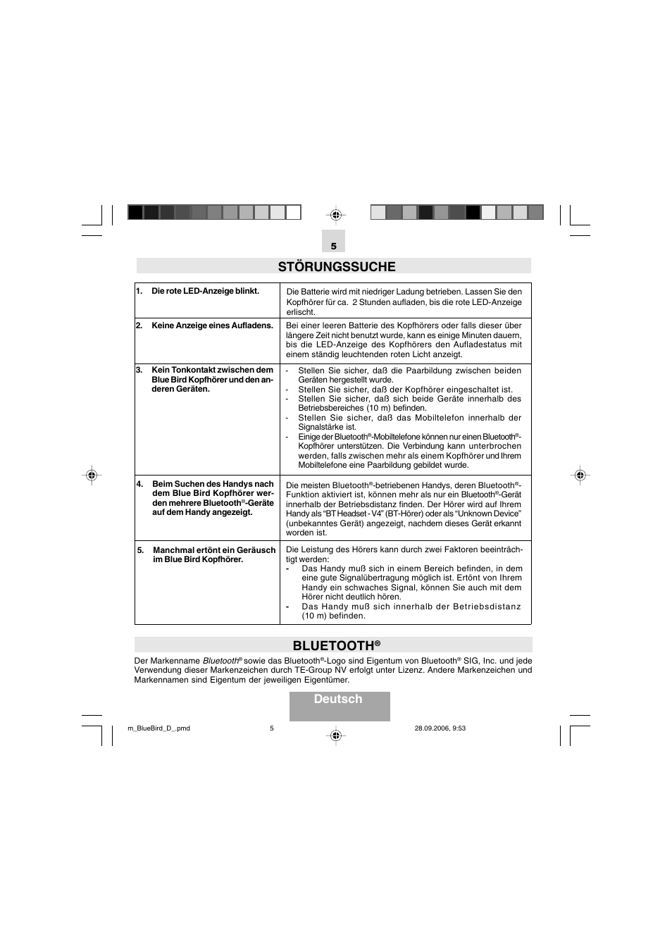 Störungssuche, Bluetooth, Deutsch | Mr Handsfree Bluetooth Wireless Headset User Manual | Page 22 / 92