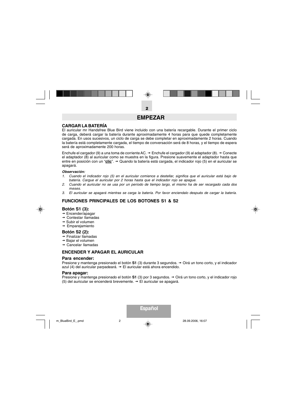 Empezar, Espa ñol | Mr Handsfree Bluetooth Wireless Headset User Manual | Page 29 / 92
