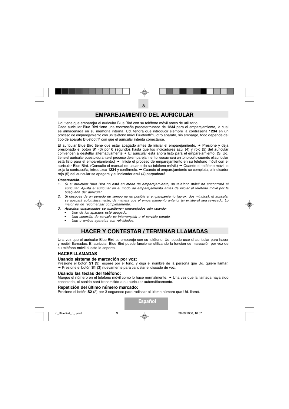 Emparejamiento del auricular, Hacer y contestar / terminar llamadas, Espa ñol | Mr Handsfree Bluetooth Wireless Headset User Manual | Page 30 / 92