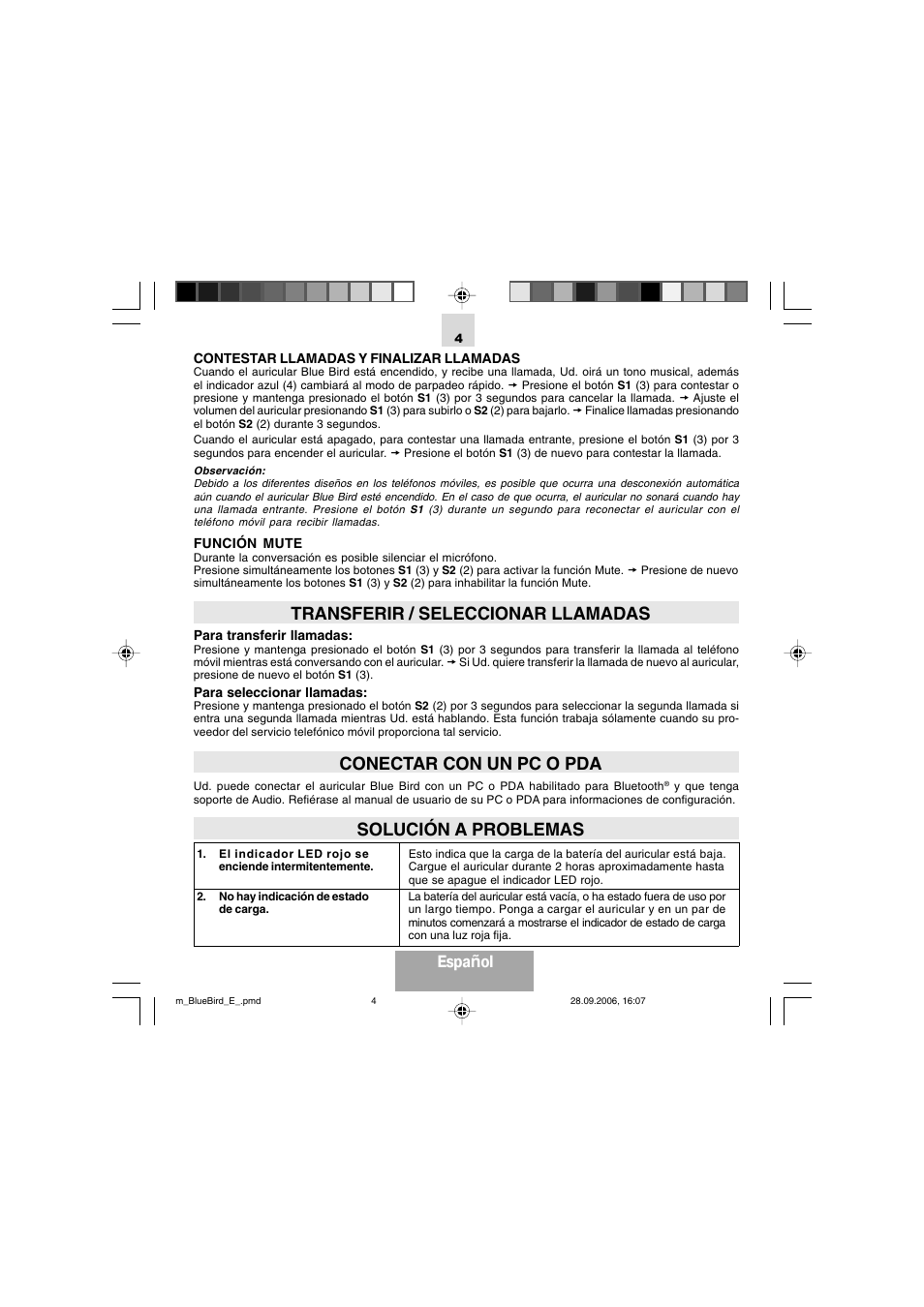 Transferir / seleccionar llamadas, Conectar con un pc o pda, Solución a problemas | Espa ñol | Mr Handsfree Bluetooth Wireless Headset User Manual | Page 31 / 92
