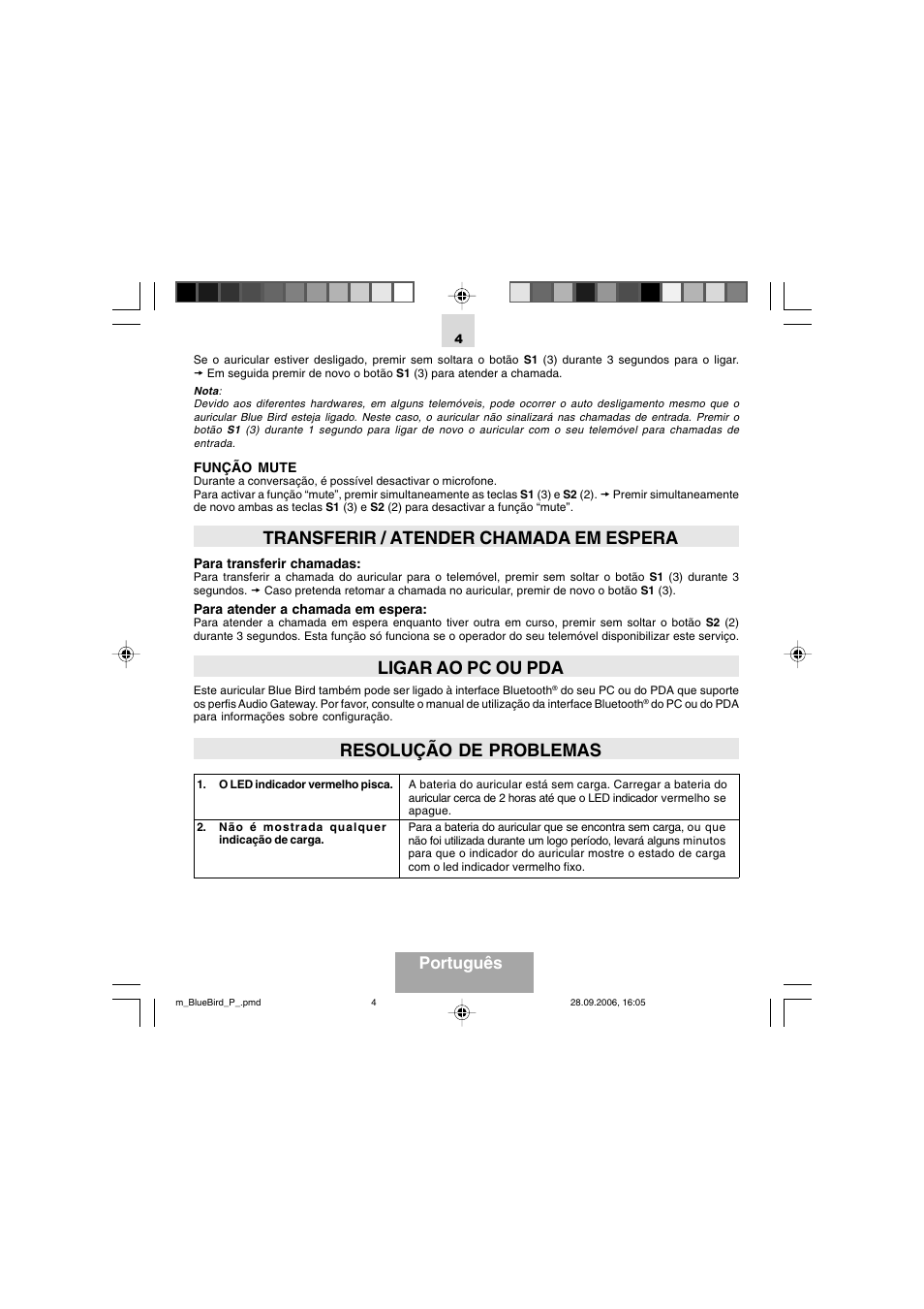 Transferir / atender chamada em espera, Ligar ao pc ou pda, Resolução de problemas | Português | Mr Handsfree Bluetooth Wireless Headset User Manual | Page 36 / 92