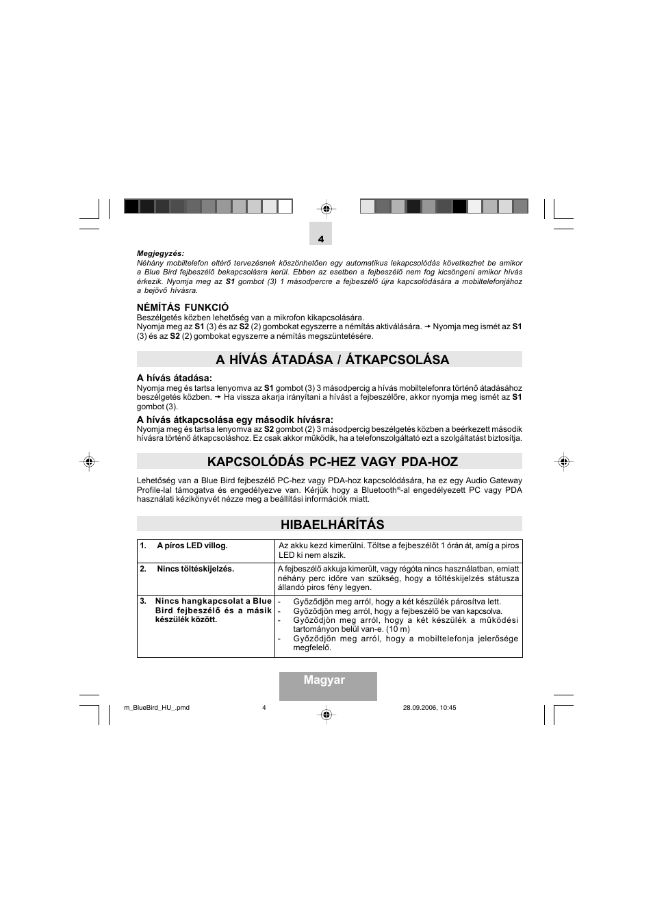 A hívás átadása / átkapcsolása, Kapcsolódás pc-hez vagy pda-hoz, Hibaelhárítás | Magyar | Mr Handsfree Bluetooth Wireless Headset User Manual | Page 54 / 92