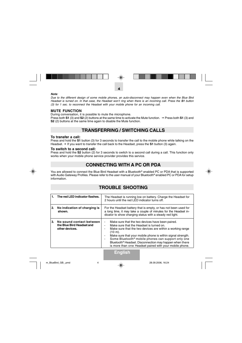 Transferring / switching calls, Connecting with a pc or pda, Trouble shooting | English | Mr Handsfree Bluetooth Wireless Headset User Manual | Page 6 / 92