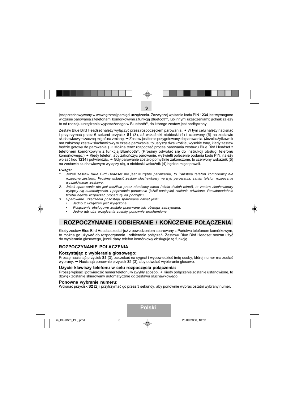 Rozpoczynanie i odbieranie / kończenie połączenia, Polski | Mr Handsfree Bluetooth Wireless Headset User Manual | Page 63 / 92
