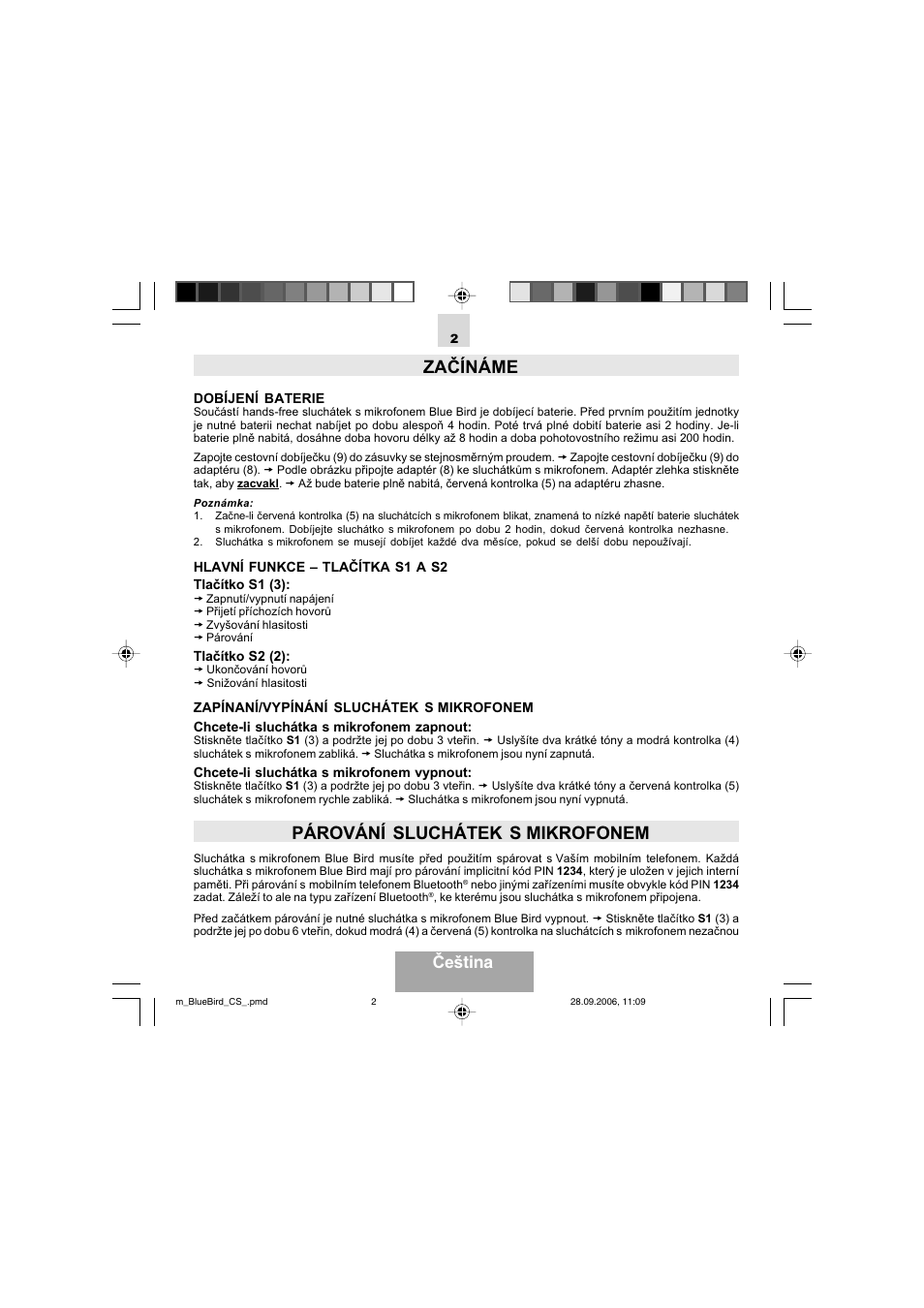 Začínáme, Párování sluchátek s mikrofonem, Čeština | Mr Handsfree Bluetooth Wireless Headset User Manual | Page 67 / 92