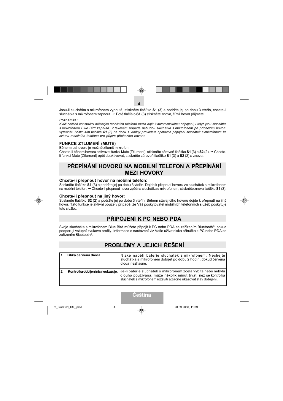 Připojení k pc nebo pda, Problémy a jejich řešení, Čeština | Mr Handsfree Bluetooth Wireless Headset User Manual | Page 69 / 92