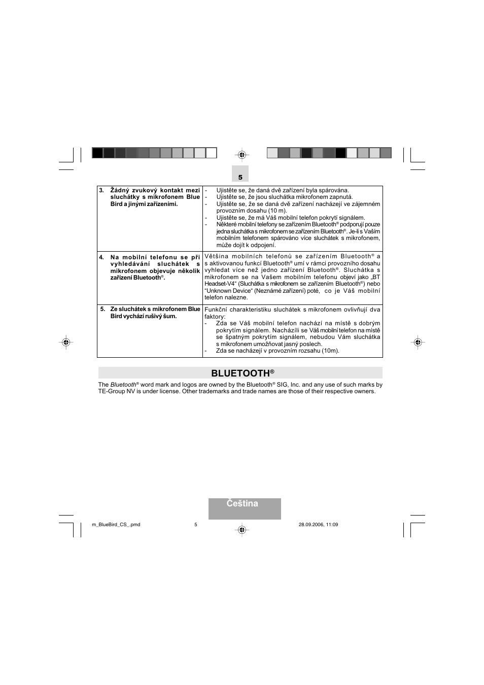 Bluetooth, Čeština | Mr Handsfree Bluetooth Wireless Headset User Manual | Page 70 / 92