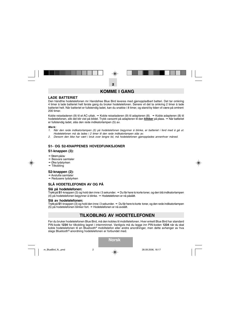Komme i gang, Tilkobling av hodetelefonen, Norsk | Mr Handsfree Bluetooth Wireless Headset User Manual | Page 77 / 92