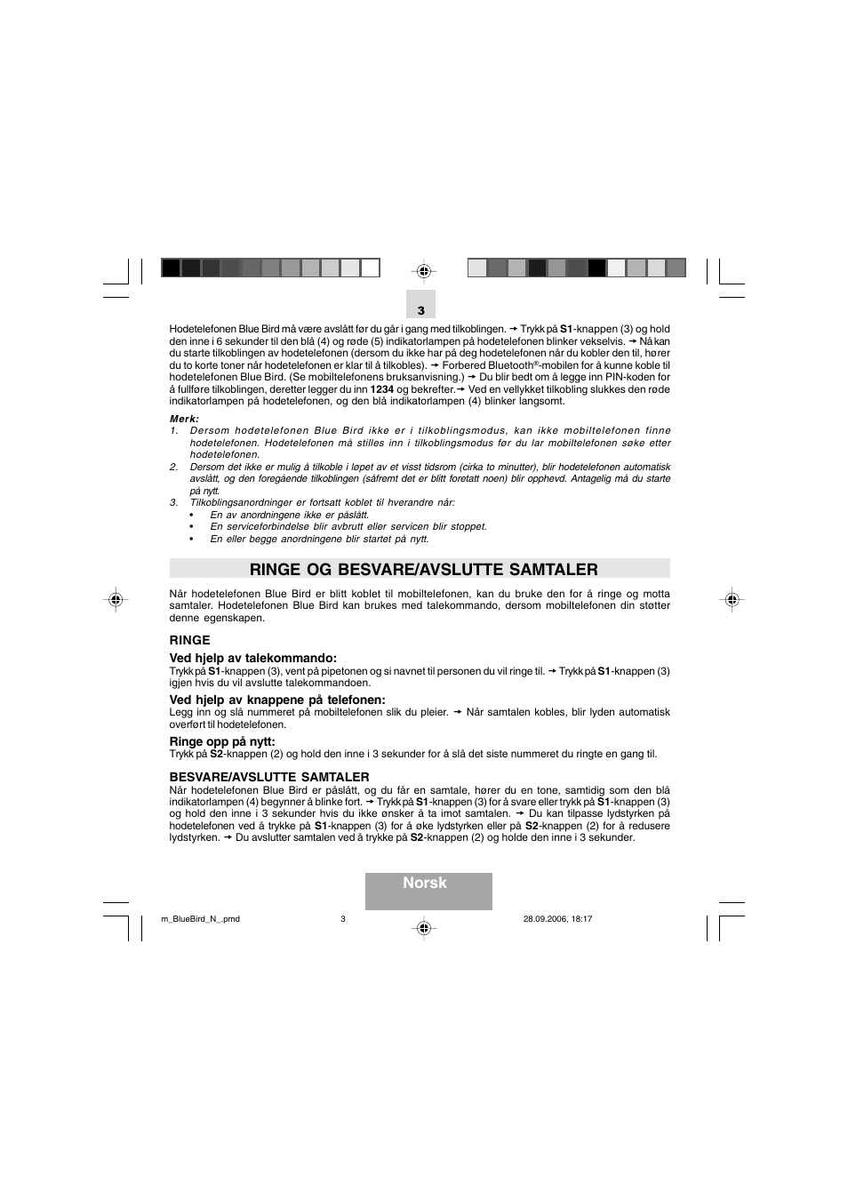 Ringe og besvare/avslutte samtaler, Norsk | Mr Handsfree Bluetooth Wireless Headset User Manual | Page 78 / 92