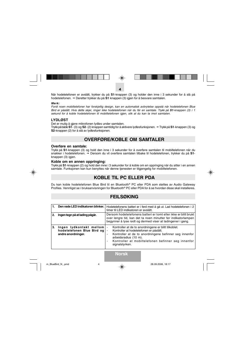 Overføre/koble om samtaler, Koble til pc eller pda, Feilsøking | Norsk | Mr Handsfree Bluetooth Wireless Headset User Manual | Page 79 / 92