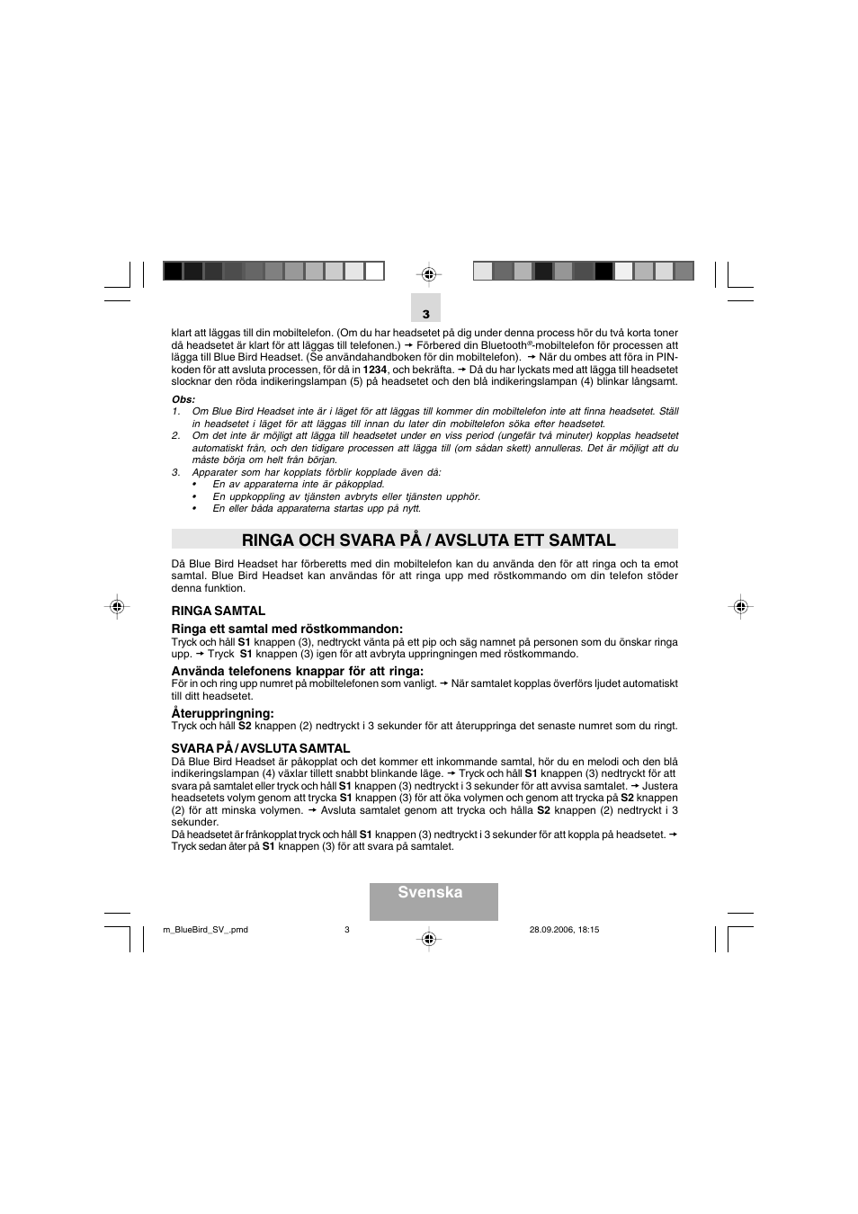 Ringa och svara på / avsluta ett samtal, Svenska | Mr Handsfree Bluetooth Wireless Headset User Manual | Page 83 / 92