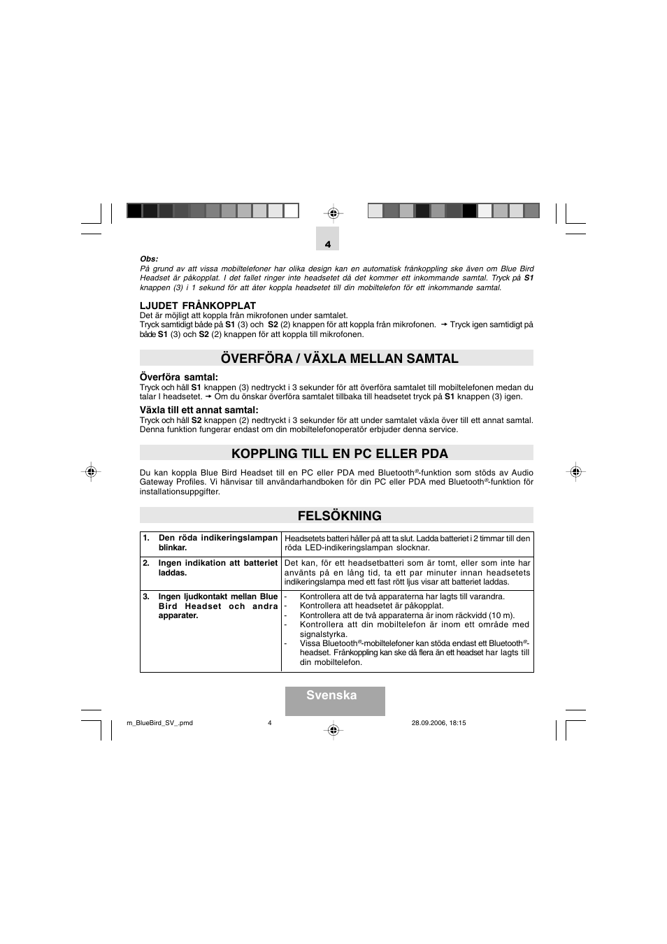 Överföra / växla mellan samtal, Koppling till en pc eller pda, Felsökning | Svenska | Mr Handsfree Bluetooth Wireless Headset User Manual | Page 84 / 92