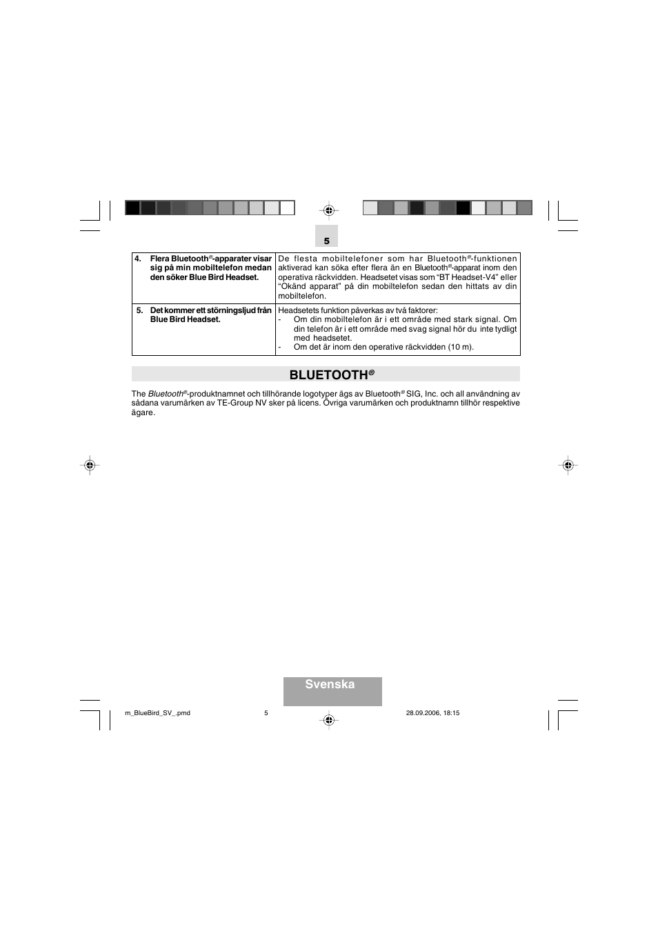 Bluetooth, Svenska | Mr Handsfree Bluetooth Wireless Headset User Manual | Page 85 / 92