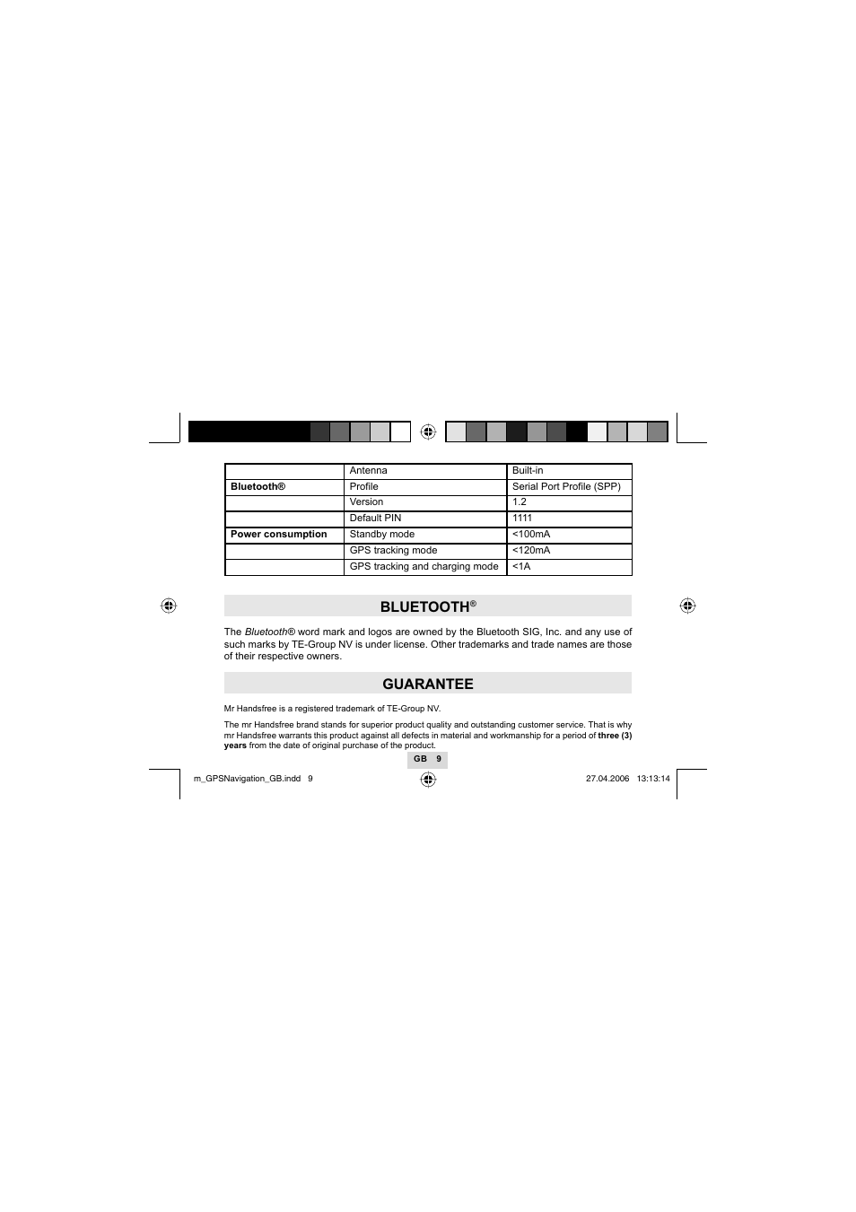 Bluetooth, Guarantee | Mr Handsfree GPS01 User Manual | Page 11 / 66