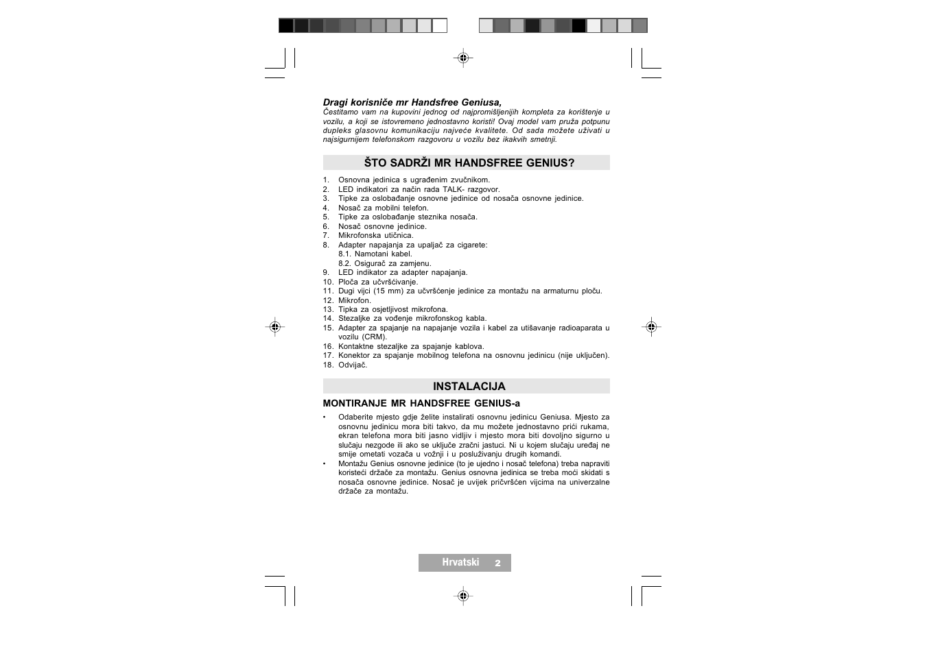 Hrvatski, Što sadrži mr handsfree genius, Instalacija | Mr Handsfree Genius User Manual | Page 85 / 119