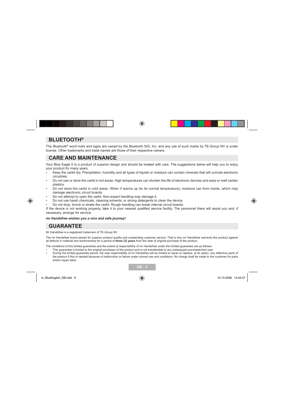 Bluetooth, Care and maintenance, Guarantee | Mr Handsfree Blue Eagle II User Manual | Page 11 / 107