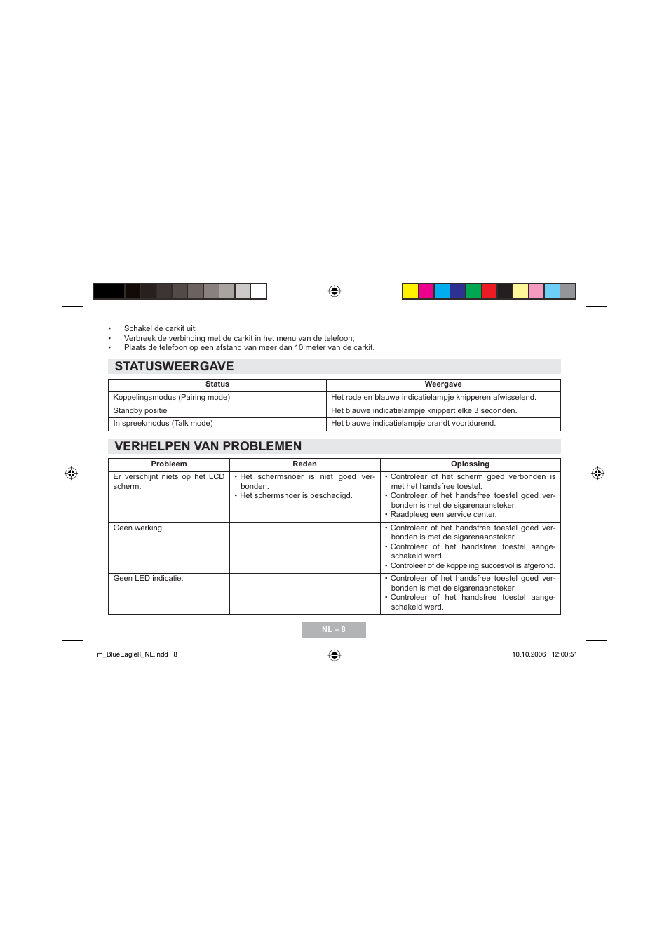 Statusweergave, Verhelpen van problemen | Mr Handsfree Blue Eagle II User Manual | Page 20 / 107