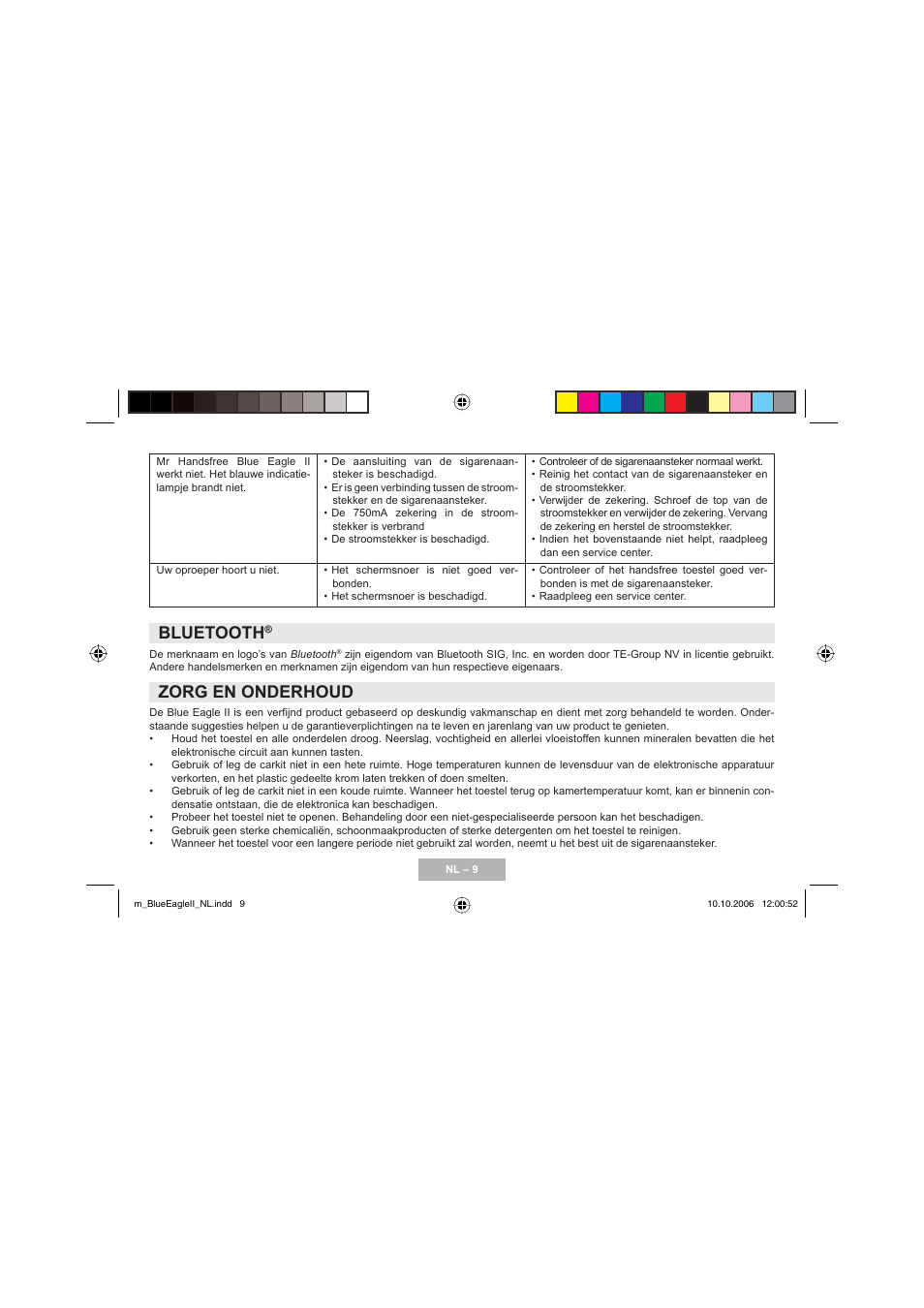 Bluetooth, Zorg en onderhoud | Mr Handsfree Blue Eagle II User Manual | Page 21 / 107