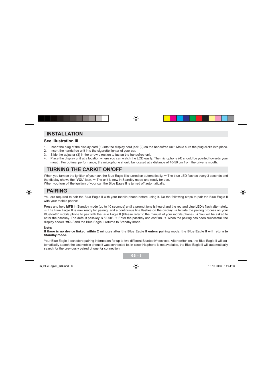 Installation, Turning the carkit on/off, Pairing | Mr Handsfree Blue Eagle II User Manual | Page 5 / 107